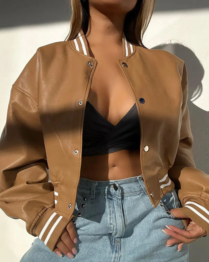 Ladies sporty leather jacket with striped collar Lune London