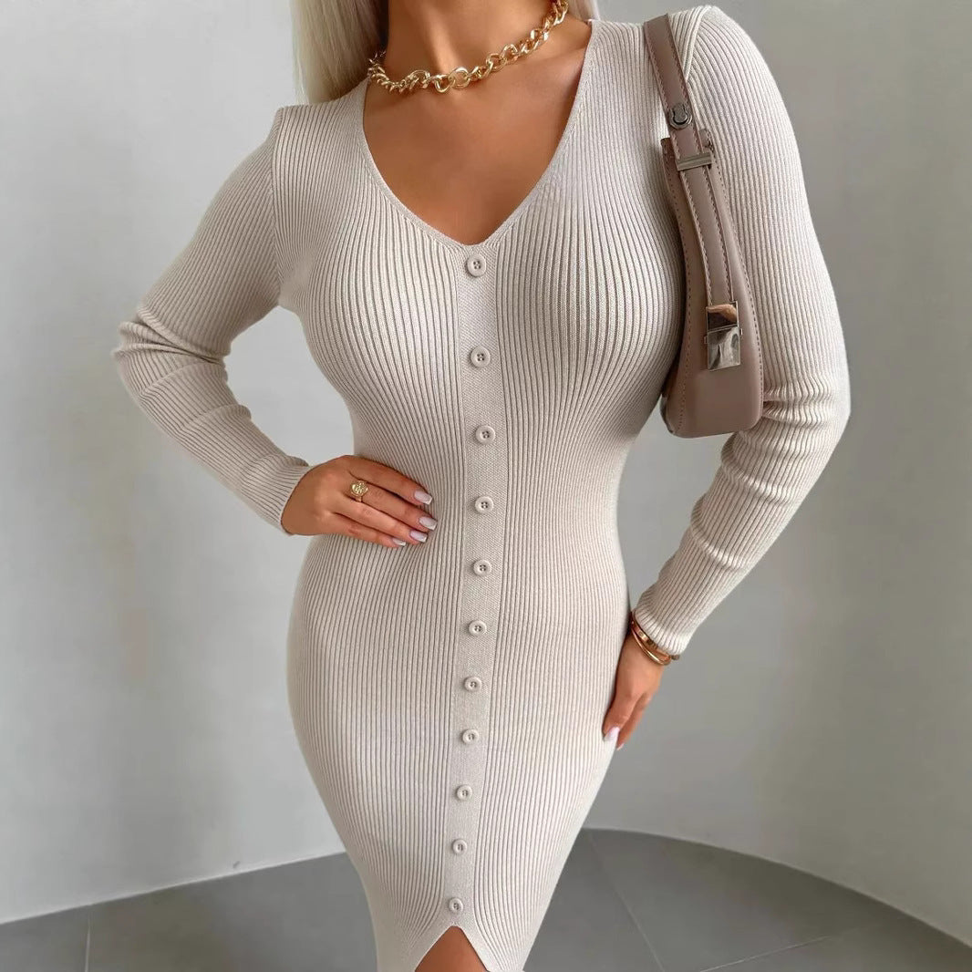 Knit dress for women with a finely structured ribbed texture and elegant button details Lune London