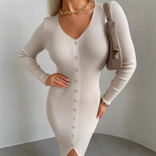 Knit dress for women with a finely structured ribbed texture and elegant button details Lune London