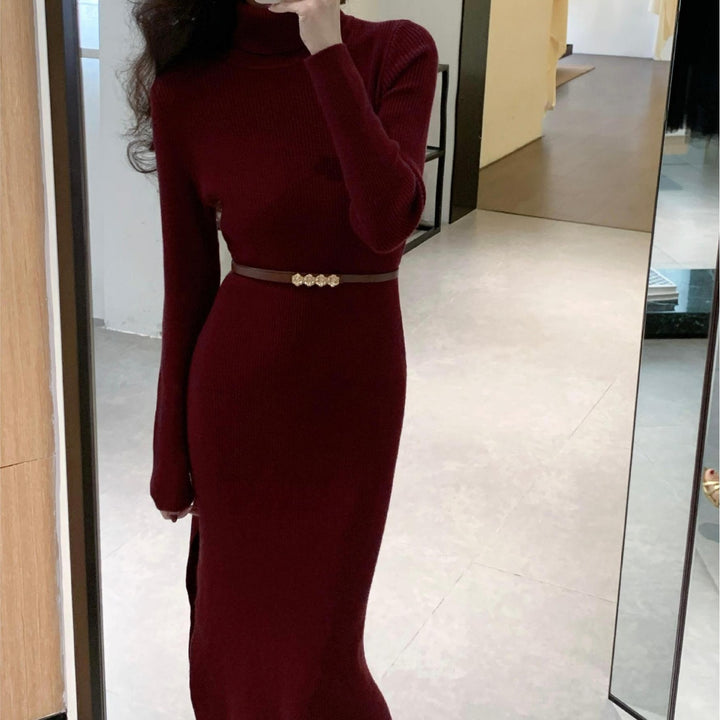 Robe tricotée élégante pour femmes avec col haut et fente latérale Chic & Stil