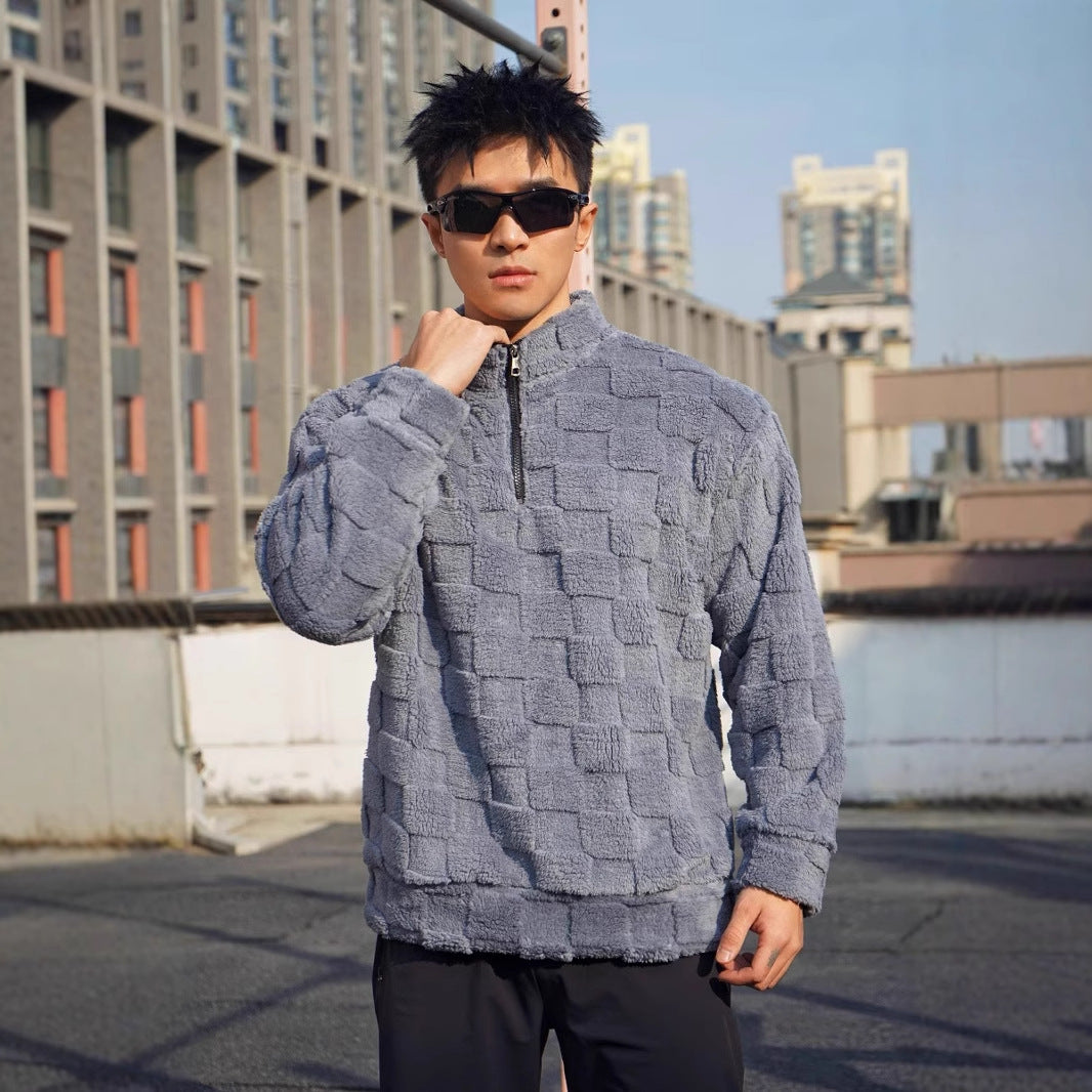 Men's fleece pullover with structured surface texture and high collar Lune London