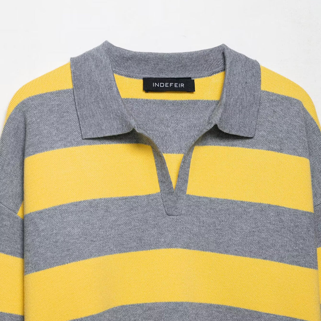Casual knit sweater for women with polo collar and striped pattern Lune London