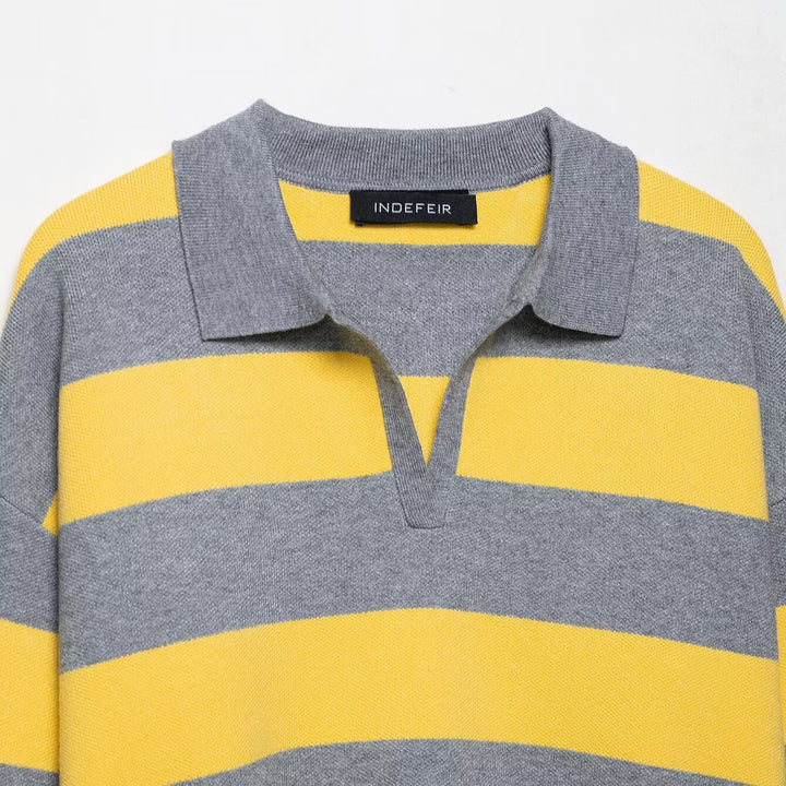 Casual knit sweater for women with polo collar and striped pattern Lune London