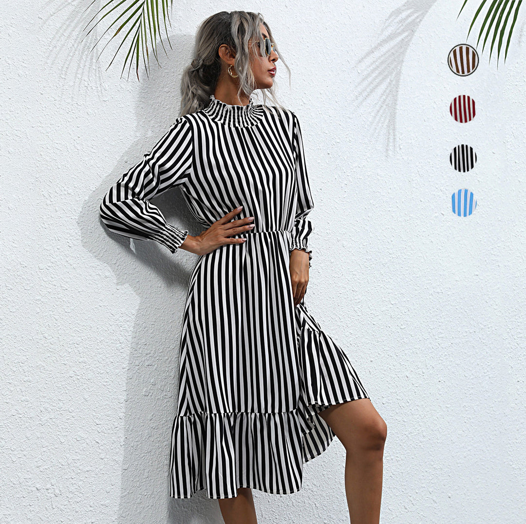 Lune London striped tiered midi dress for women with long sleeves and high collar