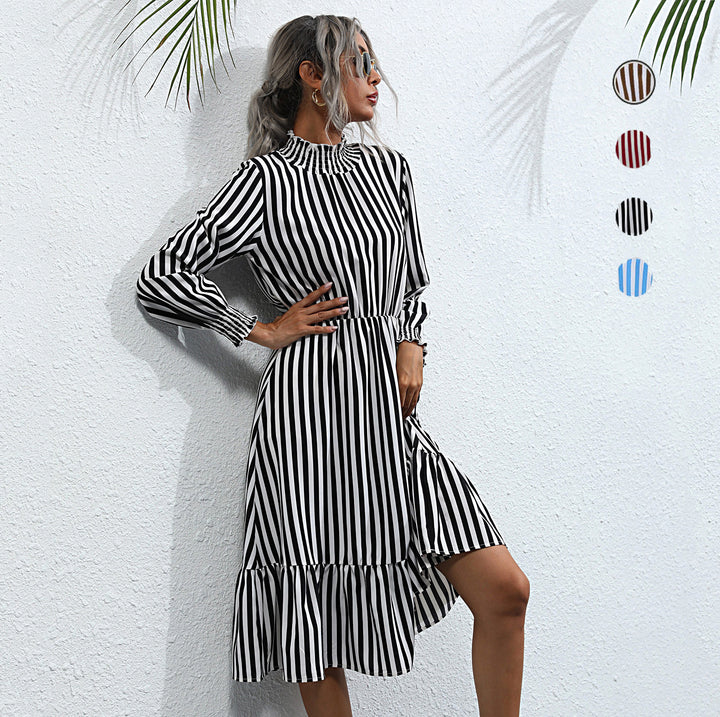 Lune London striped tiered midi dress for women with long sleeves and high collar