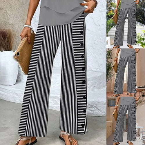 Pantalons palazzo larges à rayures pour femmes avec des détails de bouton pratiques Chic & Stil