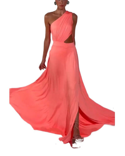 Women Asymmetric Maxi Dress with Cut-Out Details and Flowing Fabric Lune London