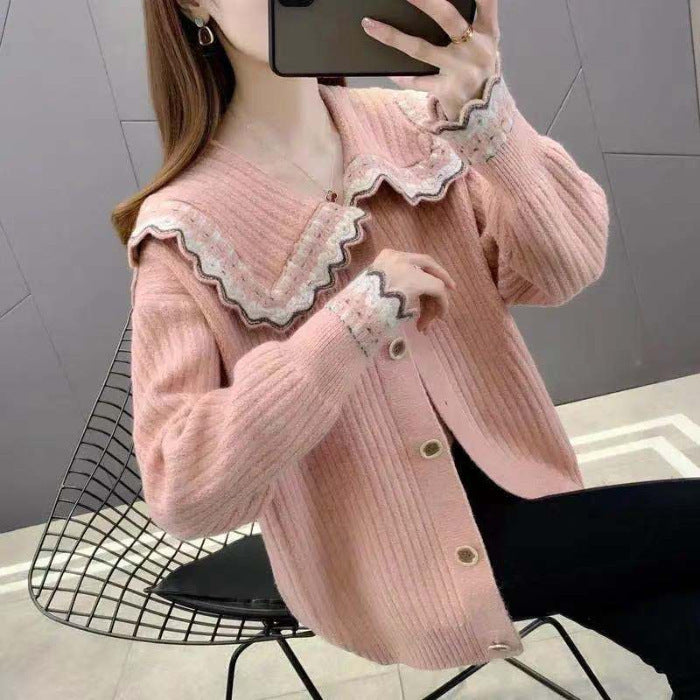 Knitted jacket for women with decorative collar and large buttons Lune London