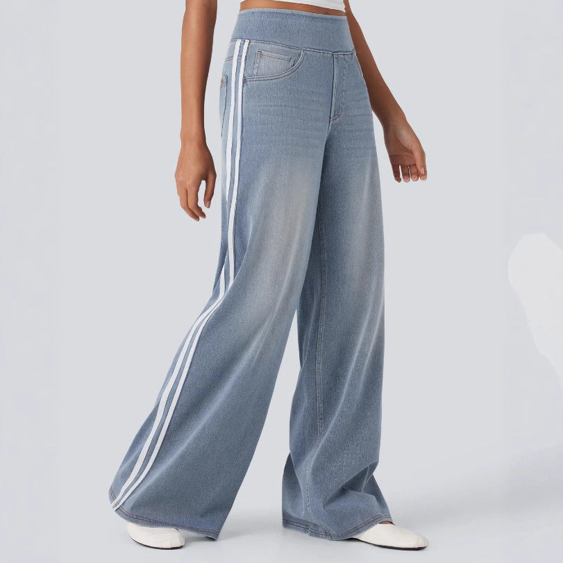 Pantalons en denim à coupe large pour femmes avec rayure sur le côté Chic & Stil