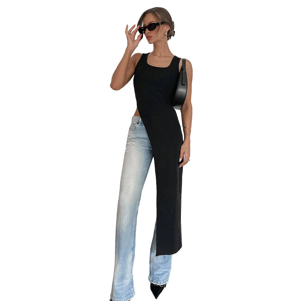 Asymmetrical maxi dress for women with deep round neckline and flowy cut Chic & Stil
