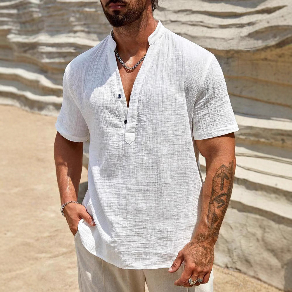 Casual long sleeve shirt for men with stand collar and modern button detail Lune London