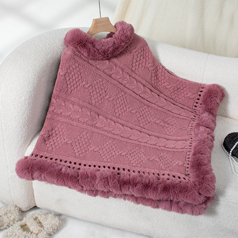 Ladies cozy knit poncho with plush velvet trim Lune London