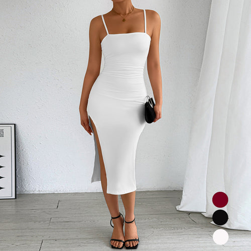 Women's fitted midi dress with strapless shoulders and deep slit Lune London