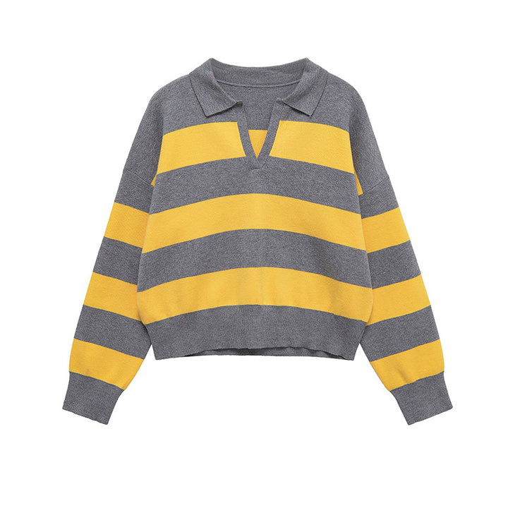 Casual knitted sweater for women with stylish stripes and a polo collar Lune London