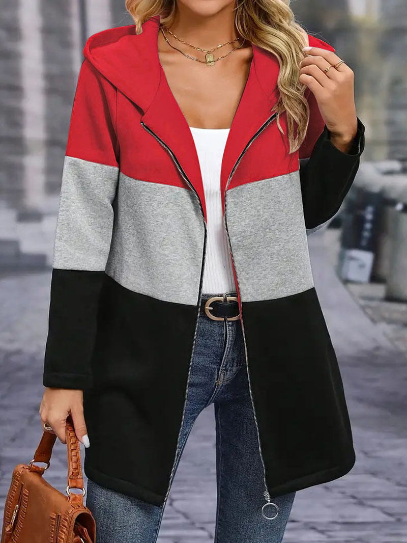 Ladies casual hooded coat with chic color block design