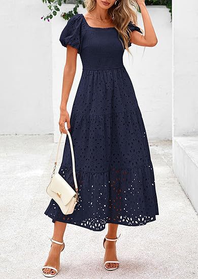 Maxi dress for women with decorative cut-out pattern and puff sleeves Lune London