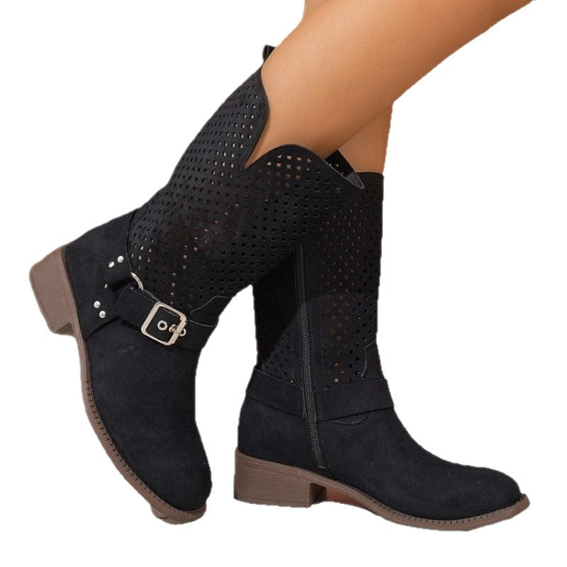 Women’s perforated suede boots with trendy buckle detail Lune London