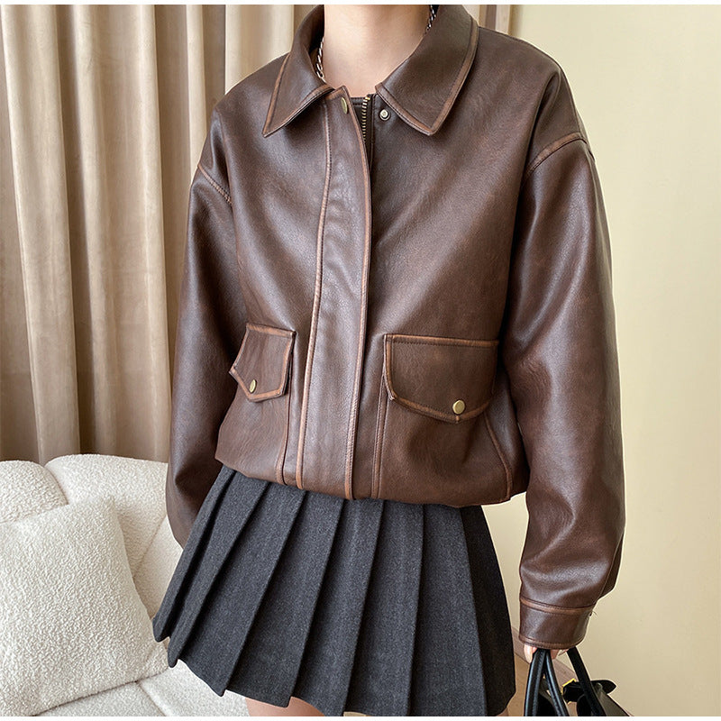 Casual faux leather jacket for women with practical pockets and elastic hem Lune London