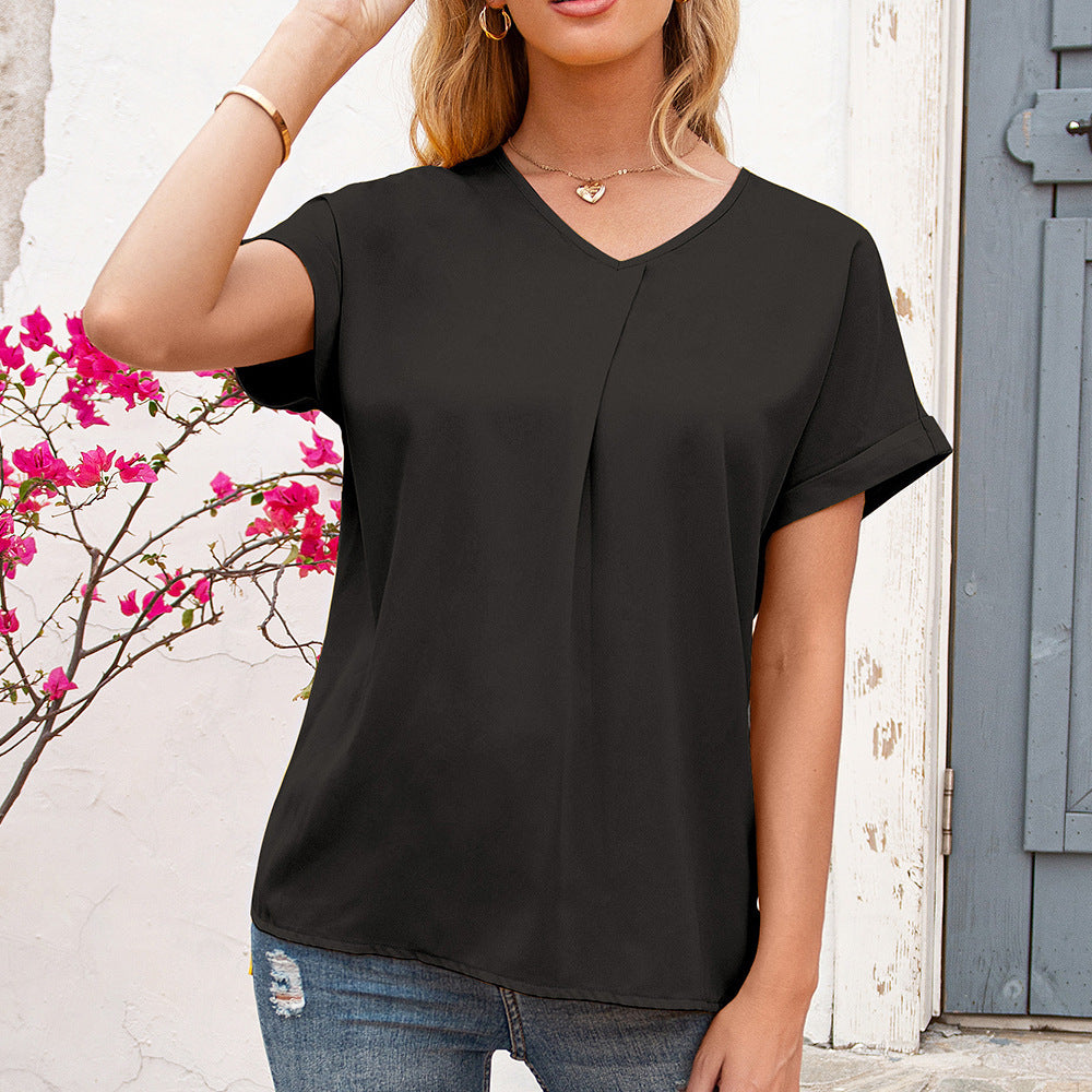 Elegant V-neck blouse for women with pleats and side slits Lune London