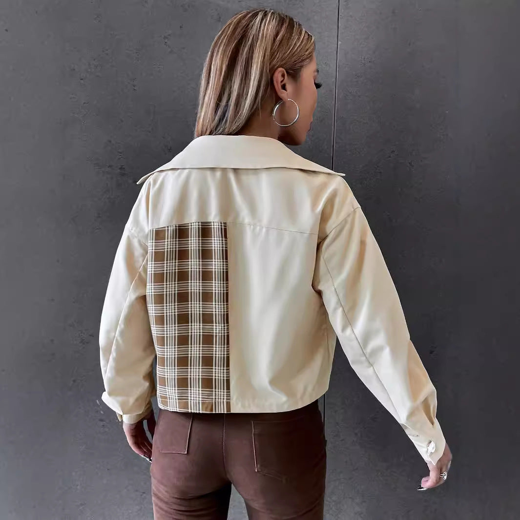 Lune London women's cropped utility jacket with plaid sleeves and classic snap buttons