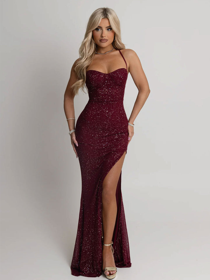 Women evening dress with shimmering sequin embellishment and seductive slit Lune London
