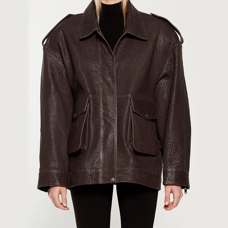 Oversized leather jacket for women with a sturdy design and practical pockets Lune London