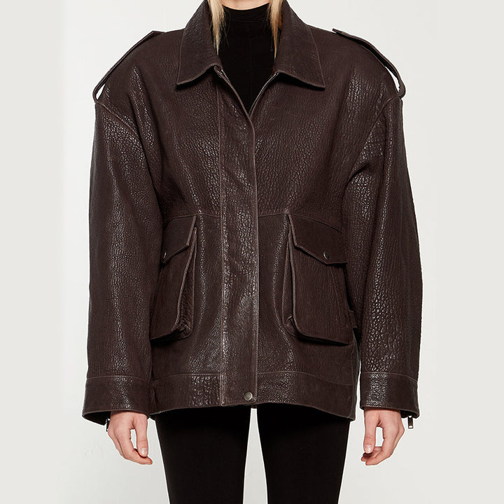 Oversized leather jacket for women with a sturdy design and practical pockets Lune London