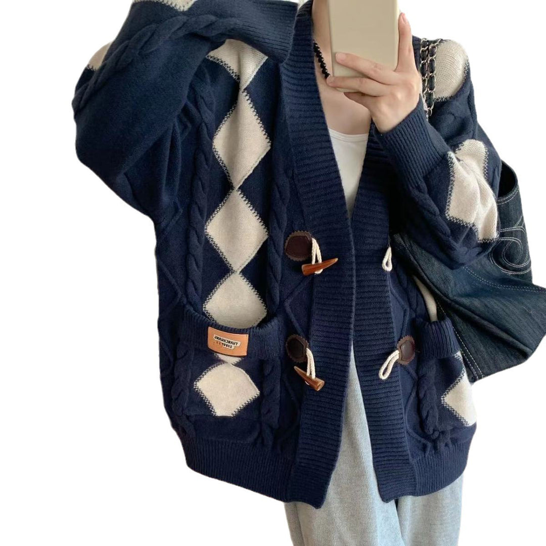 Thick knit cardigan for women with romantic diamond pattern and decorative wooden buttons Lune London