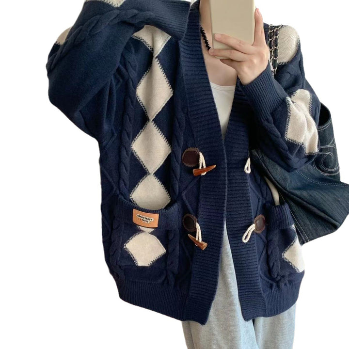 Thick knit cardigan for women with romantic diamond pattern and decorative wooden buttons Lune London