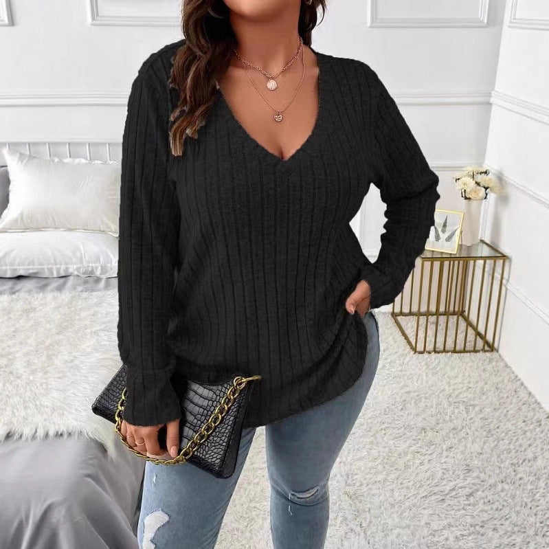 Ladies long sleeve V-neck T-shirt with fine ribbed structure Lune London