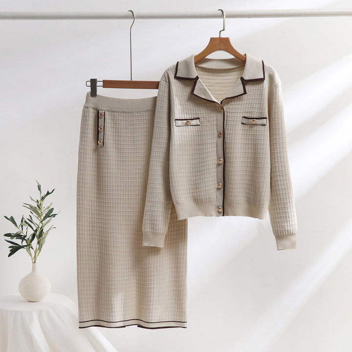 Elegant knit set for ladies with decorative collar and patch pockets Lune London
