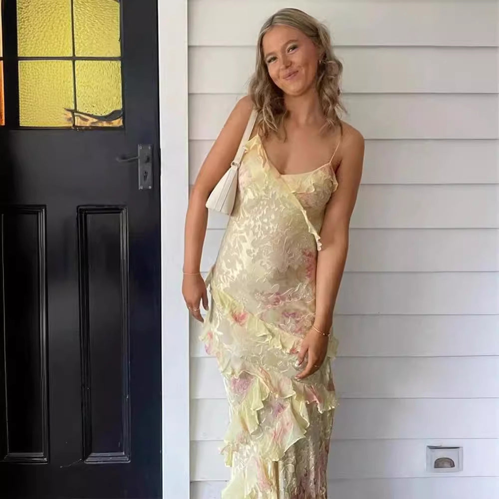 Ladies Long Maxi Dress with Playful Ruffle Details and Floral Pattern