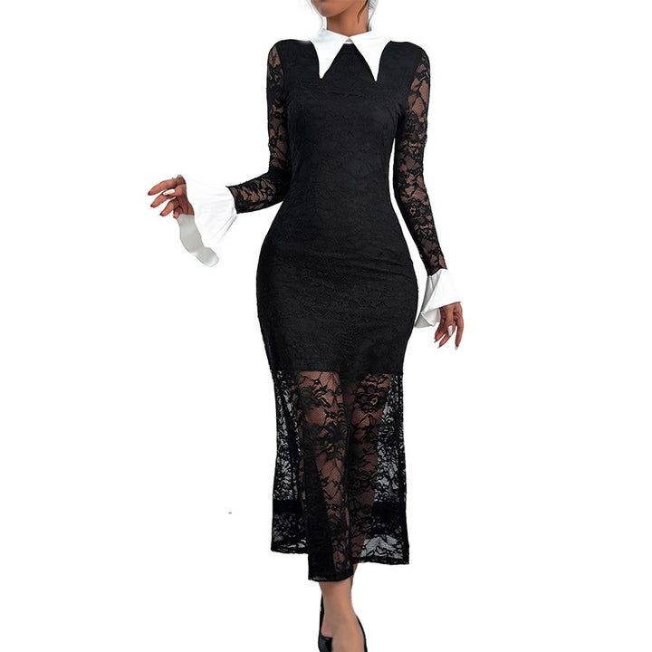Elegant midi lace dress for women with contrast collar Lune London