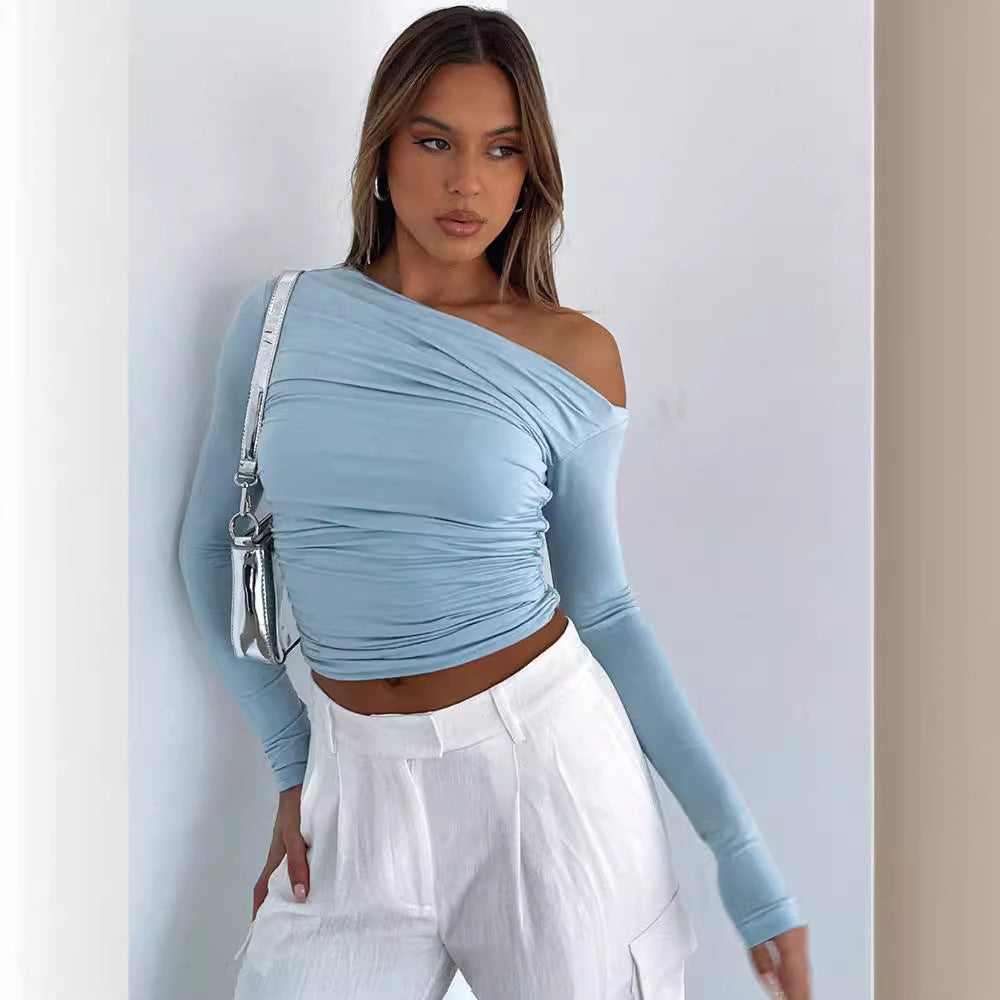 Stylish oversized shirt for women with offset collar and gathers Lune London