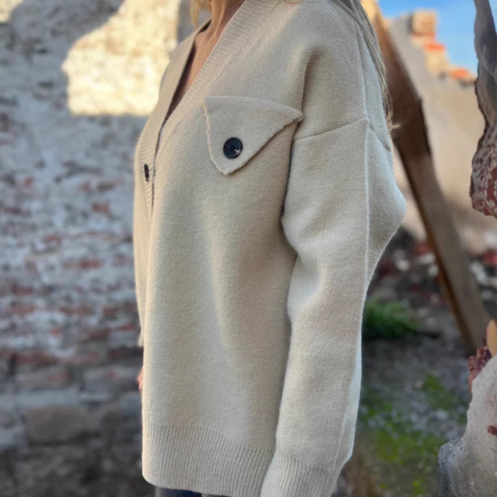 Casual knit cardigan for women with asymmetrical cut and button details Lune London