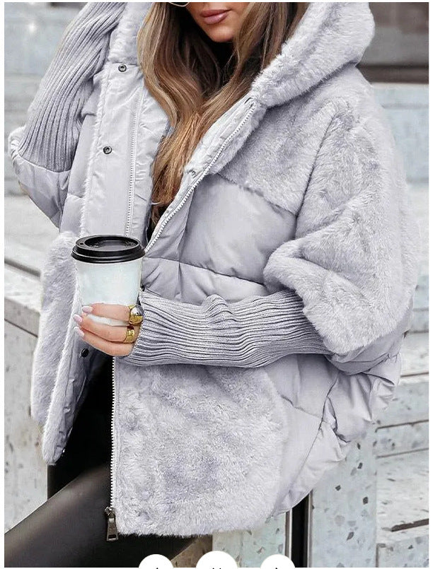 Ladies oversized quilted jacket with faux fur and hood Lune London