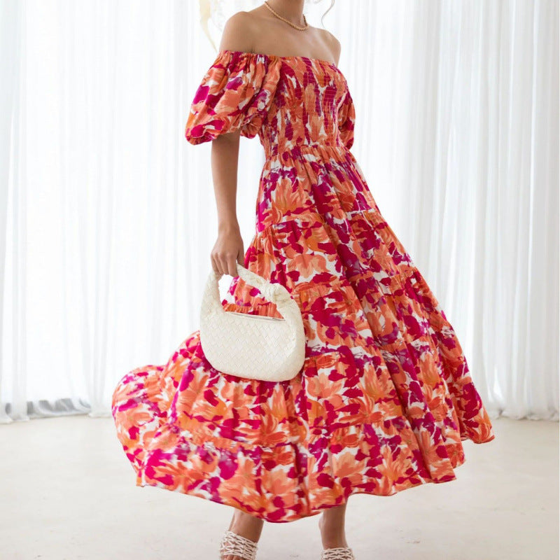 Maxi dress with off-shoulder flowers Lune London