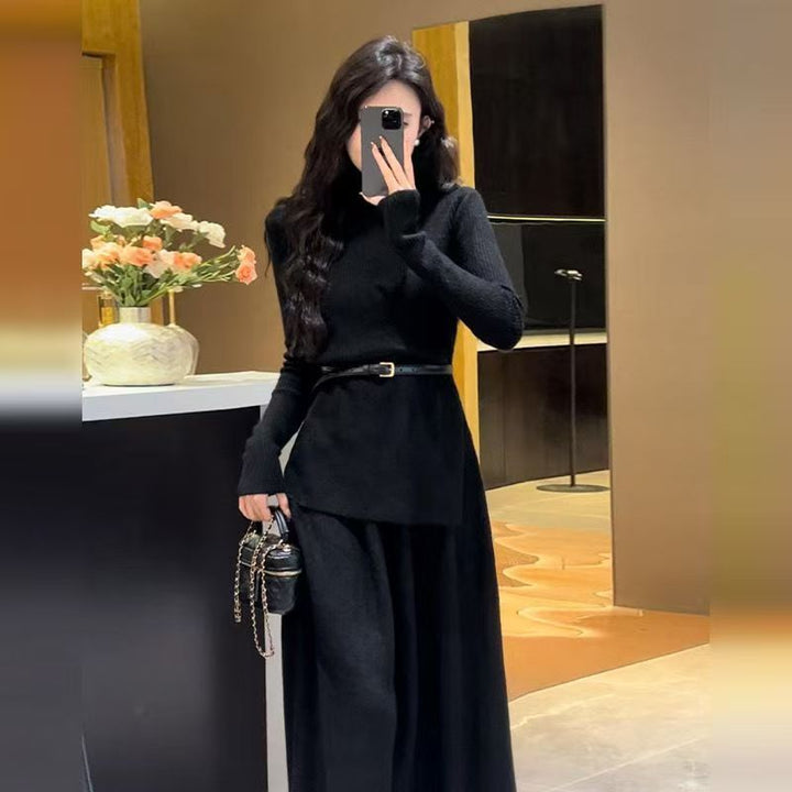 Robe en tricot élégante pour femmes avec ourlet asymétrique et ceinture Chic & Stil