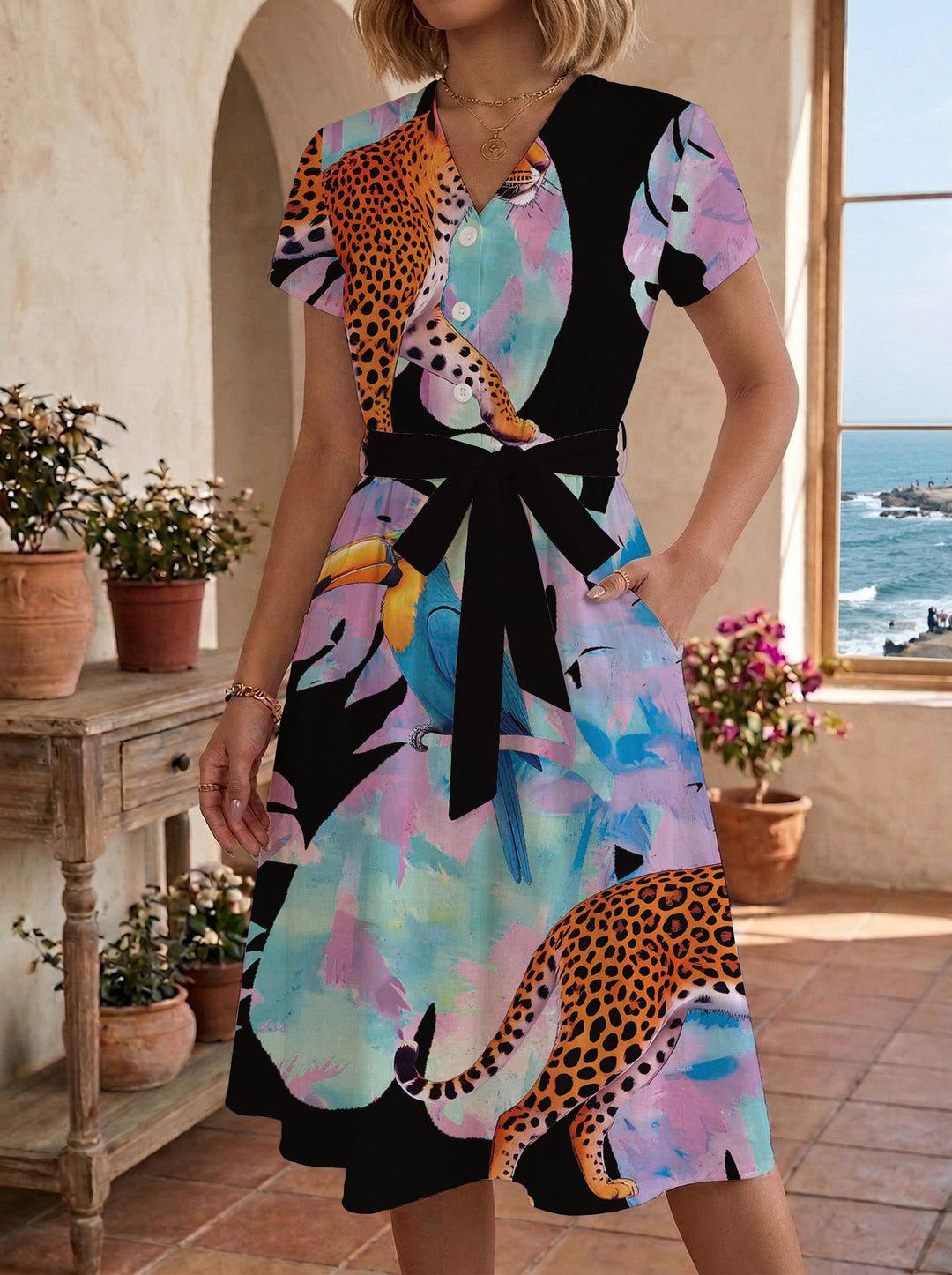 Women's Blooming Midi Dress with Adjustable Belt and Artistic Print Lune London