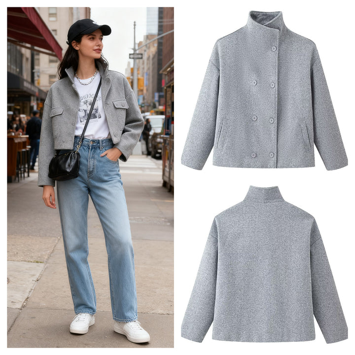 Veste en laine à la mode pour femmes avec col haut et patte à double bouton Chic & Stil