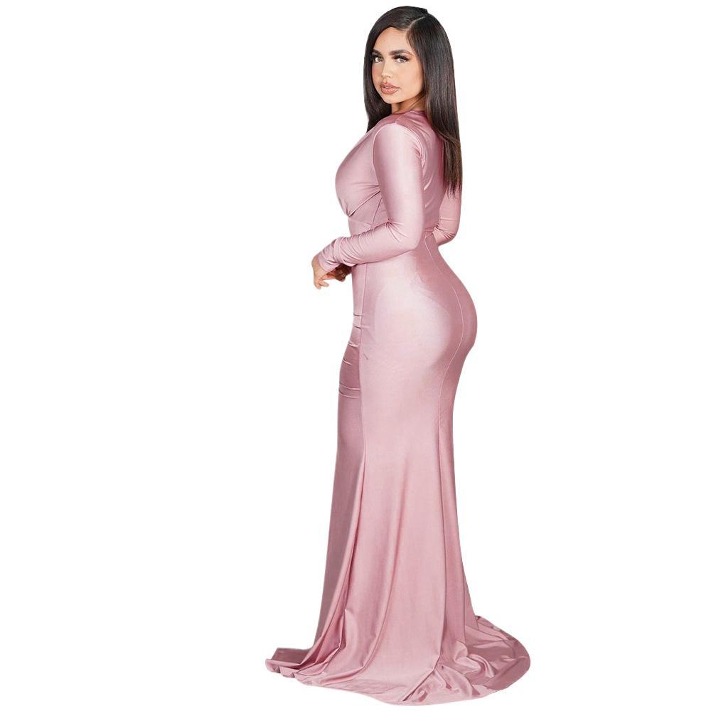 Chic and stylish evening dress for ladies with high slit and ruffles