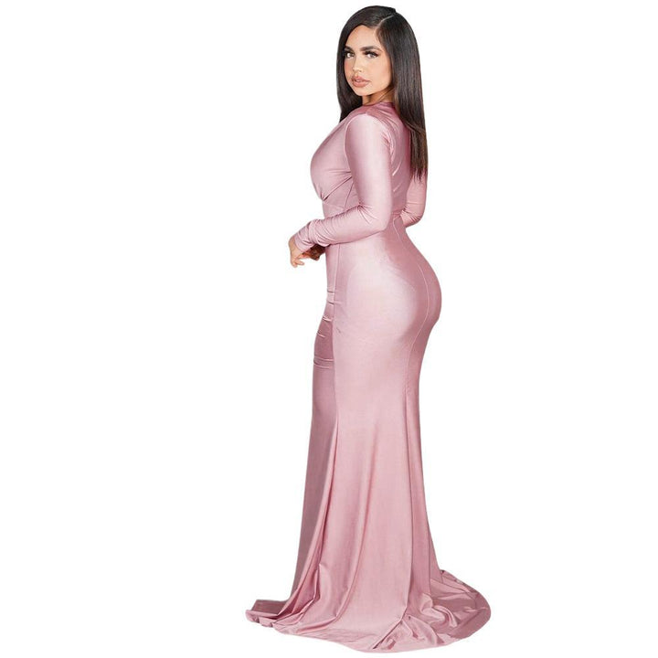 Chic and stylish evening dress for ladies with high slit and ruffles