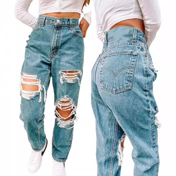Women Vintage High-Waist Destroyed Jeans with Frayed Details Lune London