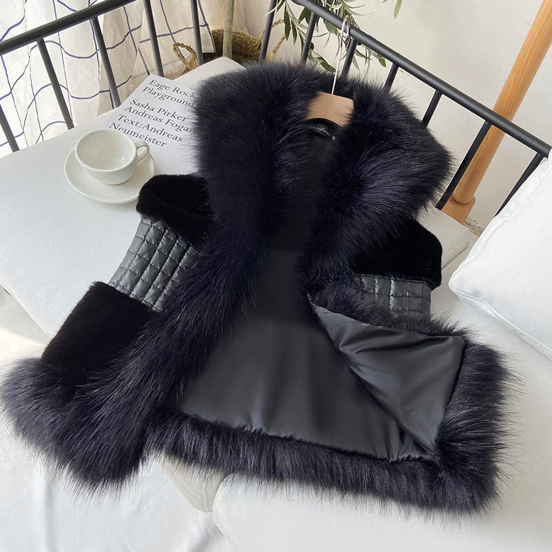 Women Elegant Faux Fur Gilet with High Collar and Shiny Belt Lune London