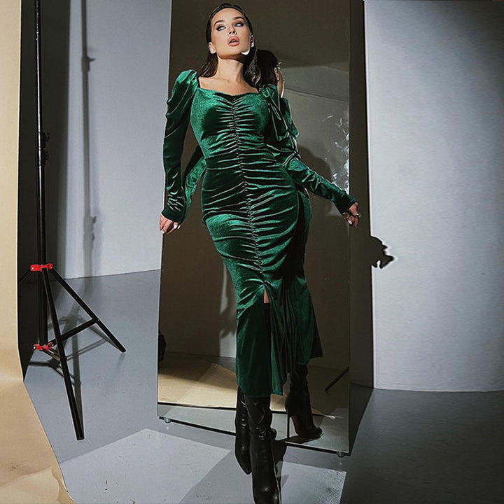 Midi dress for women with puff sleeves and elegant fitted design Lune London