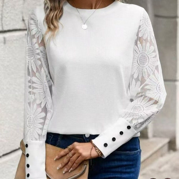 Ladies Elegant Top with Floral Crochet Sleeves Lune London