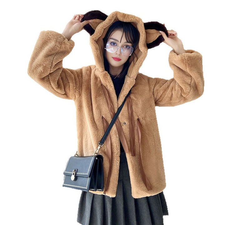 Ladies Cozy Faux Fur Jacket with Hood and Bow Details Lune London