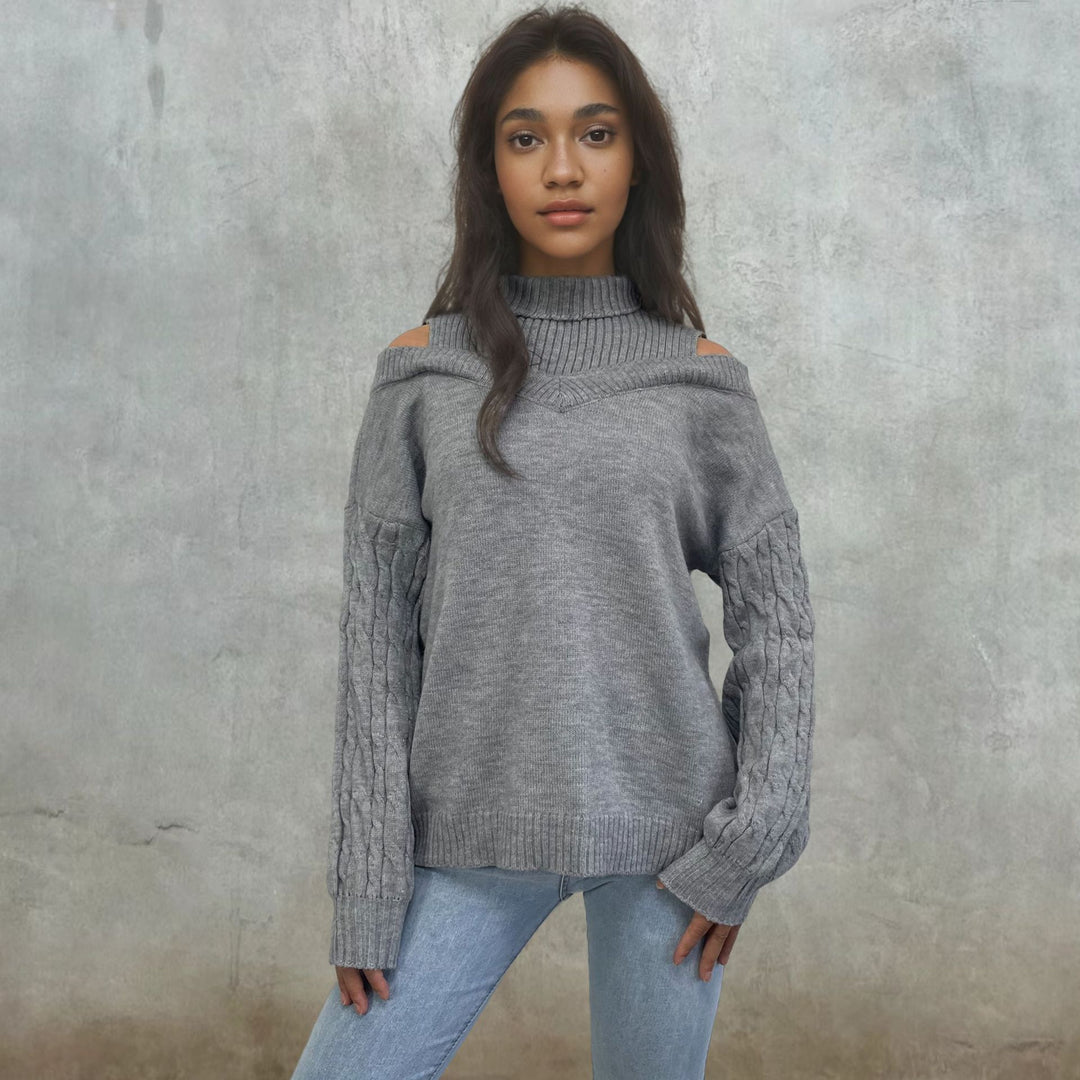 Women off-shoulder knit sweater with cable pattern and high collar Lune London