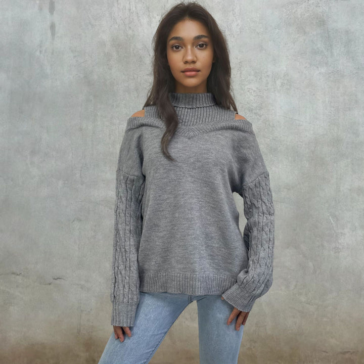 Women off-shoulder knit sweater with cable pattern and high collar Lune London