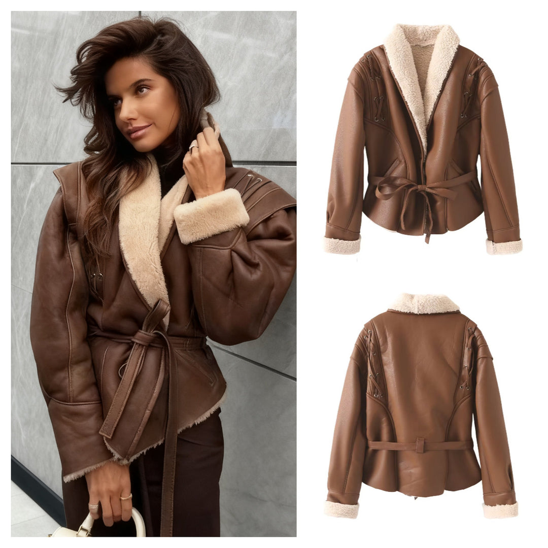 Veste en faux cuir pour femmes avec doublure en teddy luxueuse et détails de lacets artistiques Chic & Stil